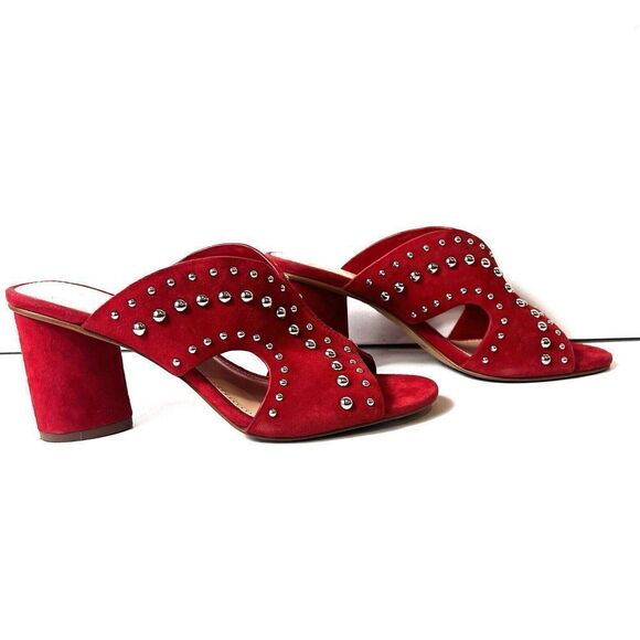 Vince Camuto Red Heeled Sandals Womens 6M Red Suede Studded Slip On Open Toe New - Picture 4 of 12